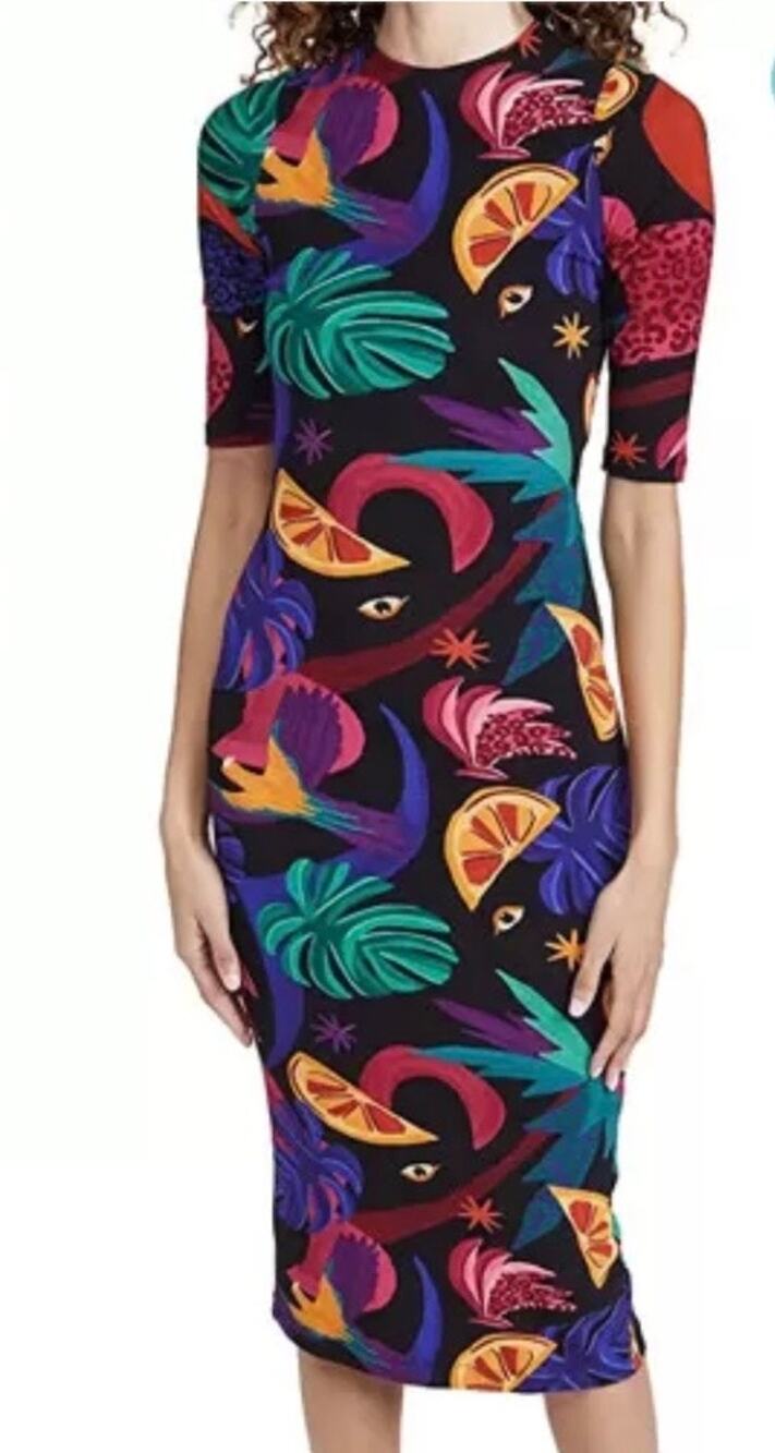 Farm Rio Jungle Midi Knit Dress Vibrant. Tropical Fruit Print Size XS